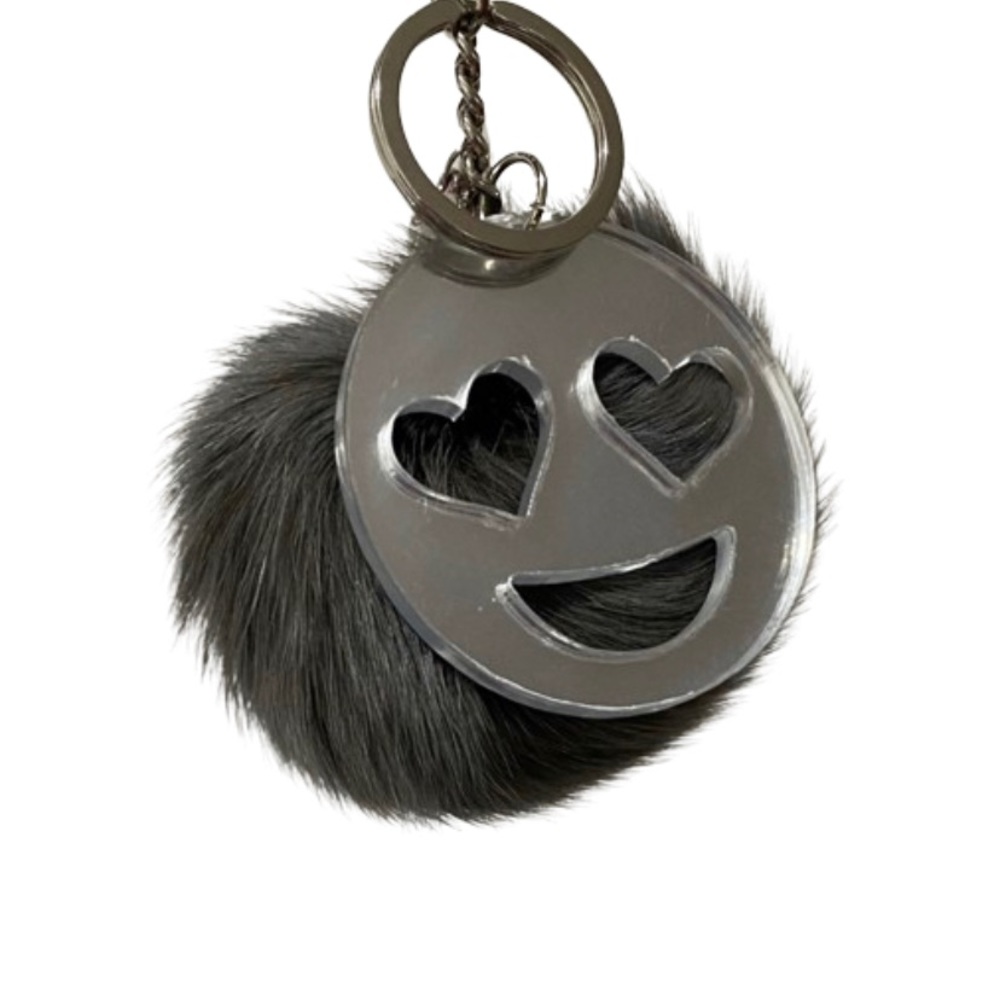 Cute Gray Pompom Fur Ball & Smiley Keychain Key Ring Holder Bag Purse Accessory